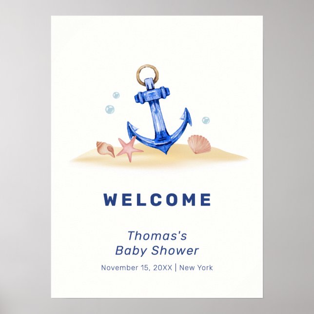 Poster Elégant Ancre nautique Baby shower de garçon Bienv (Devant)
