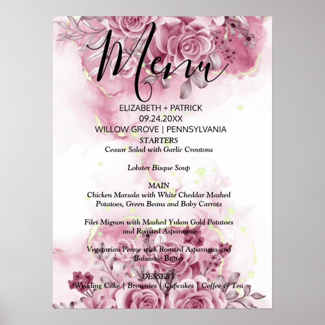 Poster Élégant aquarelle fleurie Menu Signe (Devant)