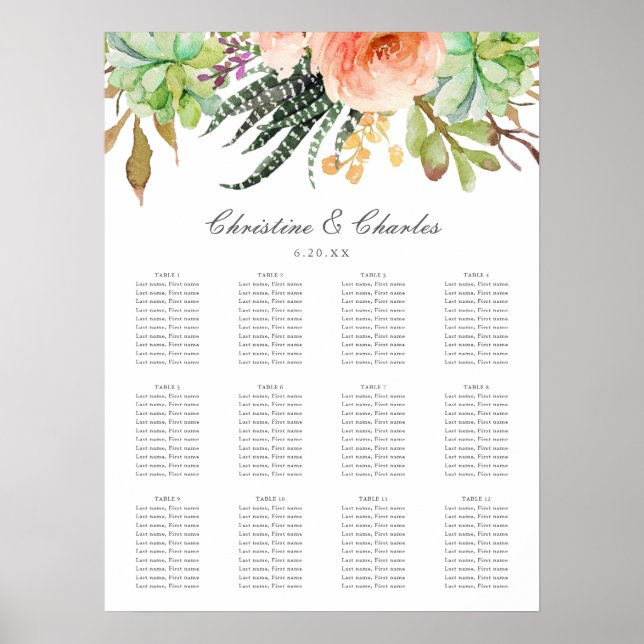 Poster Elégant aquarelle Succulent Mariage Seating Chart (Devant)