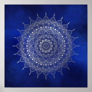 Poster Elégant argent sur le bleu profond floral Henna Ma