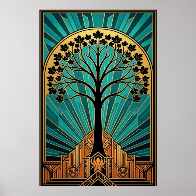 Poster Elegant Art Deco Maple Tree Silhouette Gold Teal (Devant)