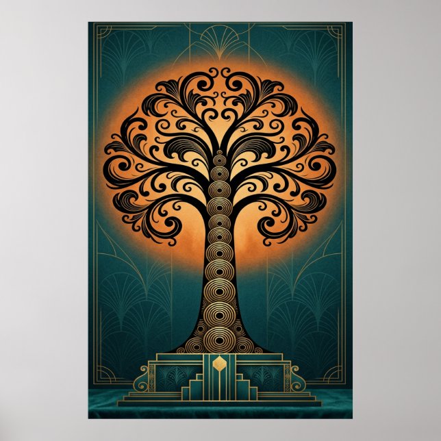 Poster Elegant Art Deco Tree Silhouette Gold & Teal Poste (Devant)