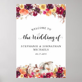 Poster Elégant automne Citrouille Floral Mariage Bienvenu