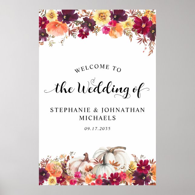 Poster Elégant automne Citrouille Floral Mariage Bienvenu (Devant)