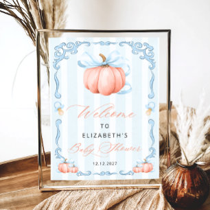 Poster Élégant Baby shower Citrouille bleu Bow mou