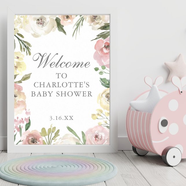 Poster Elégant Baby shower de printemps rose Floral Bienv (Créateur téléchargé)