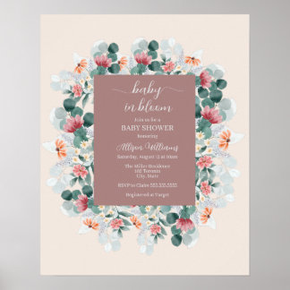 Poster Elégant baby shower fleur sauvage aquarelle