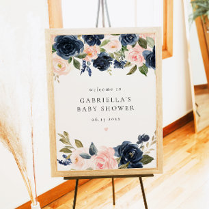 Poster Elégant Baby shower floral bleu marine Bienvenue