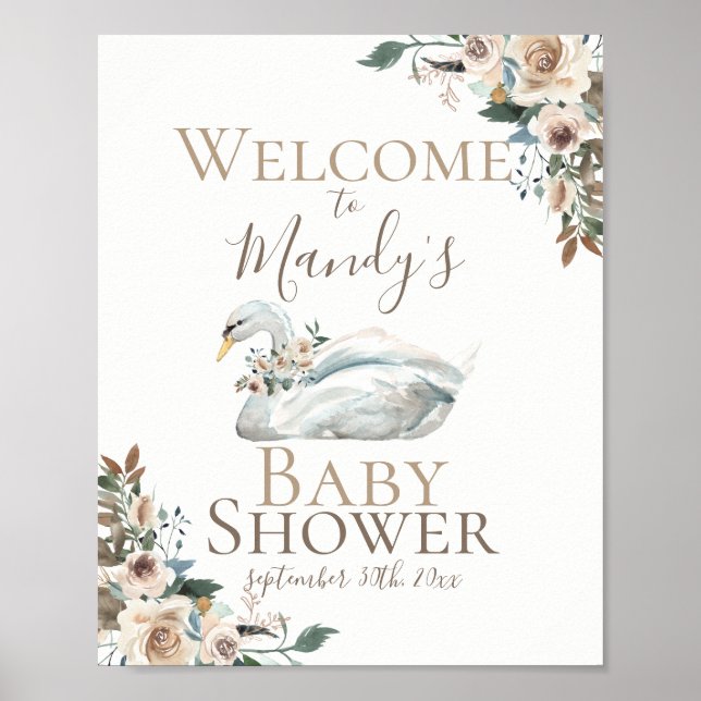 Poster Elégant Baby shower floral de cygne Neutre Bienven (Devant)