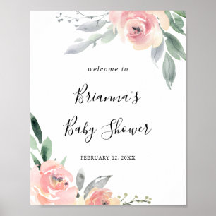 Poster Elégant Baby shower Floral Rose Blush Bienvenue