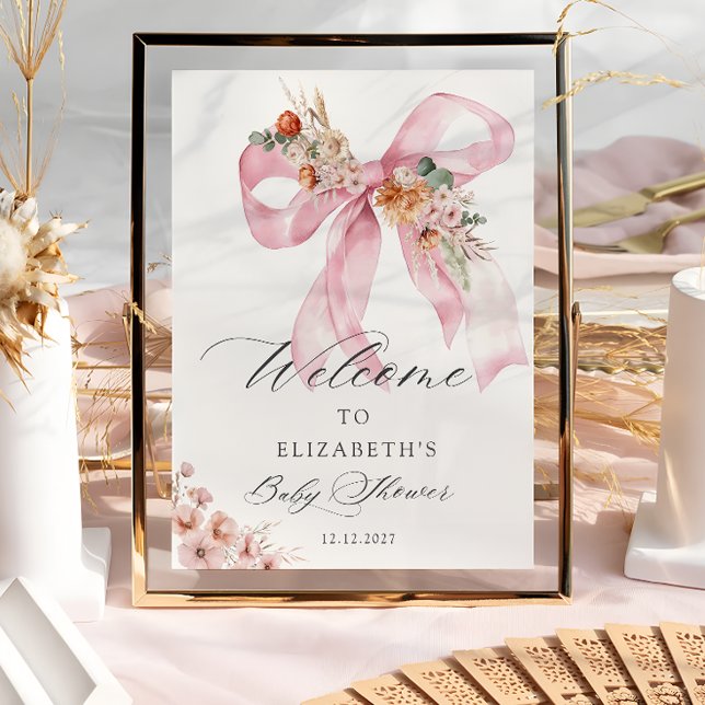 Poster Elégant Baby shower Floral Rose Bow Bienvenue (Créateur téléchargé)