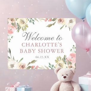 Poster Elégant Baby shower Floral rose Fille Bienvenue