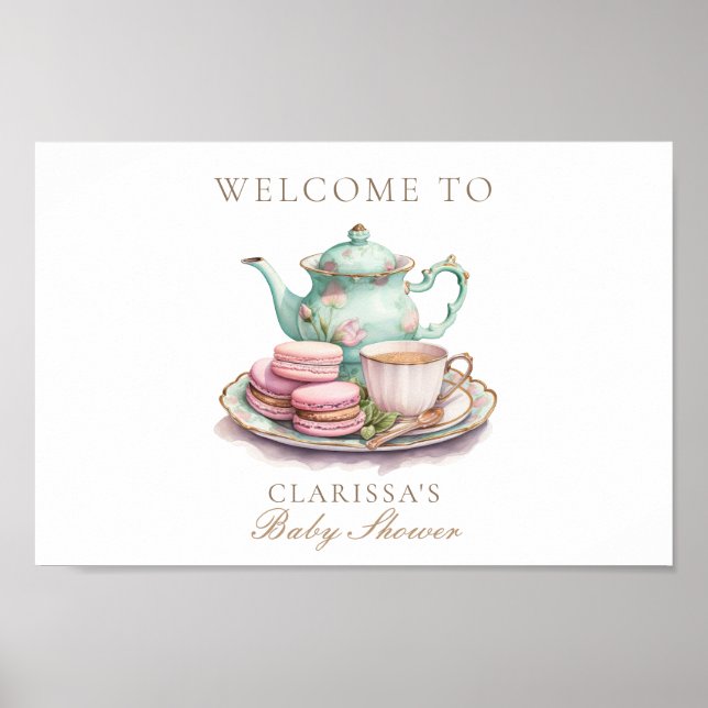Poster Elégant Baby shower or de Tea Party aquarelle (Devant)