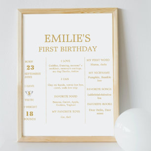 Poster Élégant Bébé d'or 1er anniversaire Jalon Signal