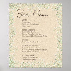 Poster Élégant Bébé's Breath Floral Mariage Bar Menu Sign