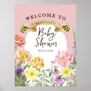 Poster Elegant Bee et Baby shower Fleur sauvage Bienvenue