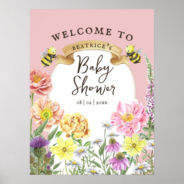 Poster Elegant Bee et Baby shower Fleur sauvage Bienvenue (Devant)
