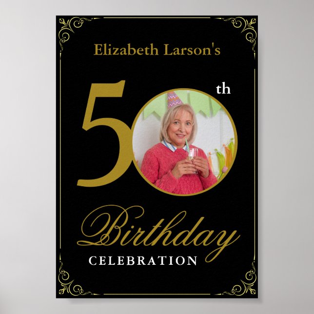 Poster Elégant Black and Gold 50th Birthday Invitation (Devant)