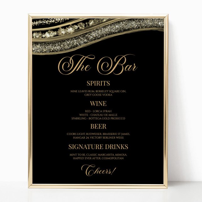 Poster Elegant Black Gold Agate Party Bar Menu Sign (Créateur téléchargé)