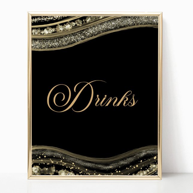Poster Elegant Black Gold Agate Party Drinks Sign (Créateur téléchargé)