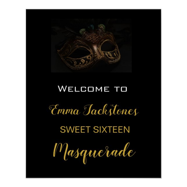 Poster Elégant Black & Gold Masquerade d'anniversaire Bie (Devant)