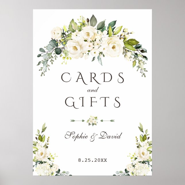 Poster Elégant blanc crème Floral Cartes & Cadeaux Mariag (Devant)