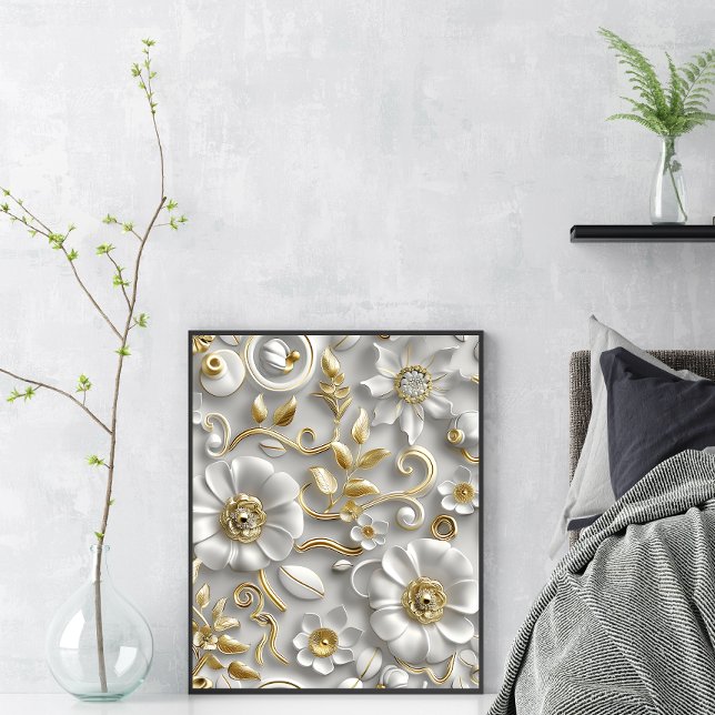 Poster Elégant blanc et or 3D floral Art mur (Créateur téléchargé)
