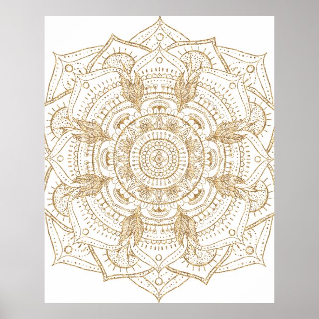 Poster Elégant blanc & or Mandala conception main dessiné (Devant)