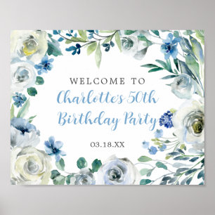 Poster Elégant Bleu Blanc Floral Anniversaire Bienvenue