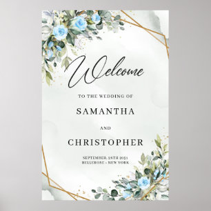 Poster Elégant bleu clair fleurs eucalyptus bienvenue