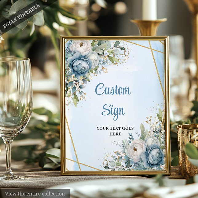 Poster Élégant bleu Dusty Floral do-it-yourself Mariage (Elegant Dusty Blue Floral DIY Wedding Custom Sign)
