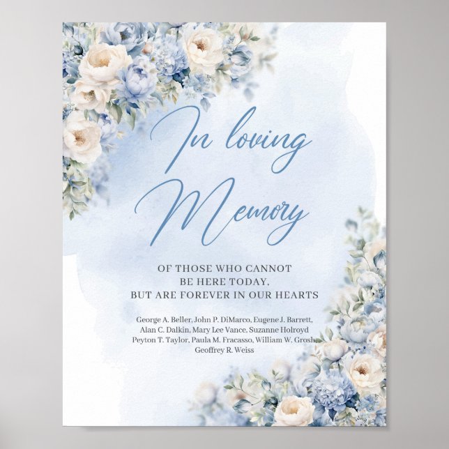 Poster Elégant Bleu et blanc floral En mémoire d'amour (Devant)