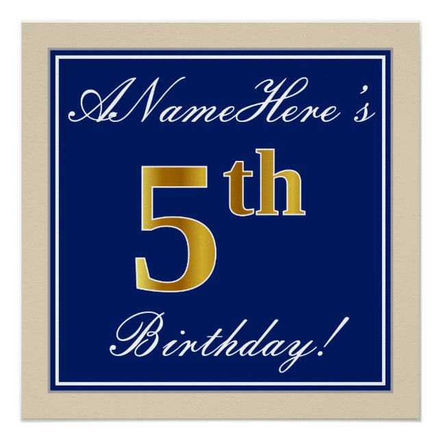 Poster Elégant, Bleu, Faux Gold 5e anniversaire; Nom pers (Devant)