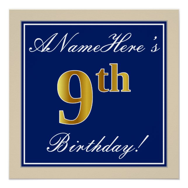 Poster Elégant, Bleu, Faux Gold 9e anniversaire; Nom pers (Devant)