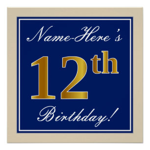 Poster Elégant, Bleu, Faux Or 12ème Anniversaire + Nom