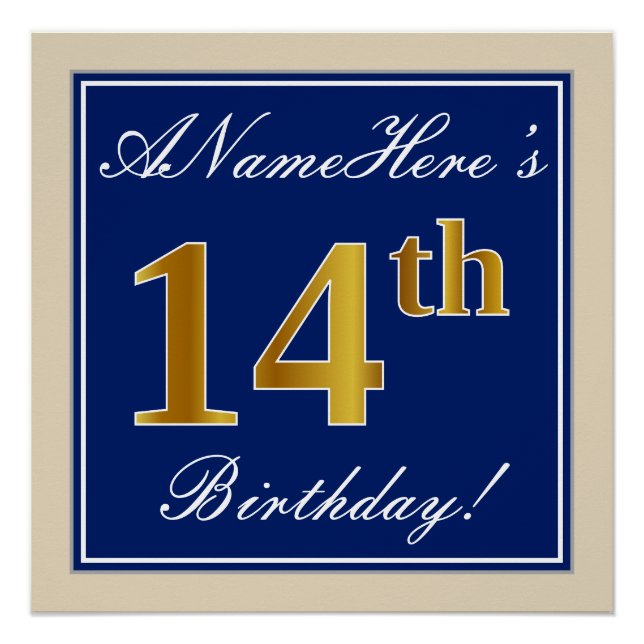 Poster Elégant, Bleu, Faux Or 14ème Anniversaire + Nom (Devant)