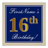 Elégant, Bleu, Faux Or 16ème Anniversaire + Nom