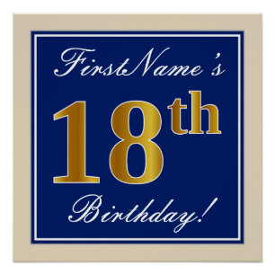 Poster Elégant, Bleu, Faux Or 18ème Anniversaire + Nom