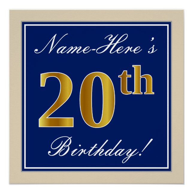 Poster Elégant, Bleu, Faux Or 20ème Anniversaire + Nom (Devant)