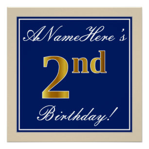 Poster Elégant, Bleu, Faux Or 2e anniversaire; Nom person