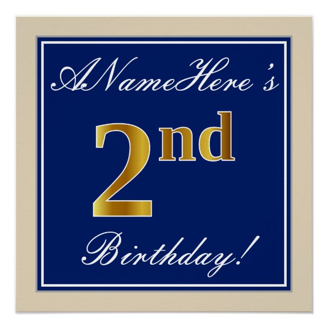 Poster Elégant, Bleu, Faux Or 2e anniversaire; Nom person (Devant)