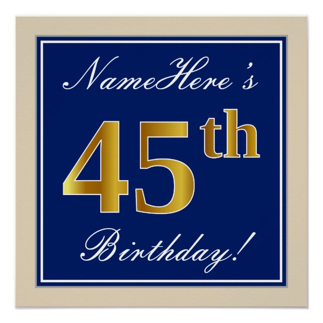 Poster Elégant, Bleu, Faux Or 45ème Anniversaire + Nom (Devant)
