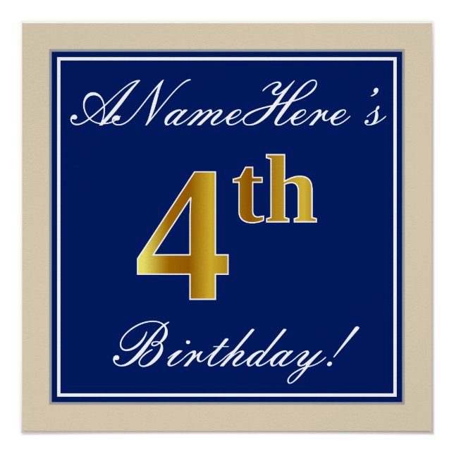 Poster Elégant, Bleu, Faux Or 4ème Anniversaire; Nom pers (Devant)