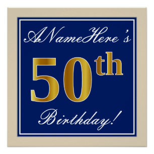 Poster Elégant, Bleu, Faux Or 50ème Anniversaire + Nom