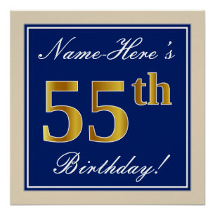 Poster Elégant, Bleu, Faux Or 55ème Anniversaire + Nom