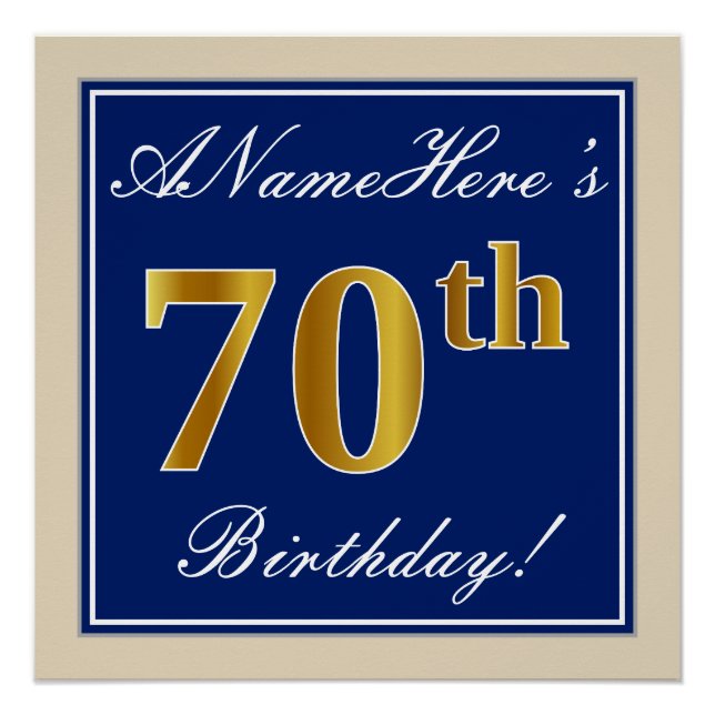 Poster Elégant, Bleu, Faux Or 70ème Anniversaire + Nom (Devant)