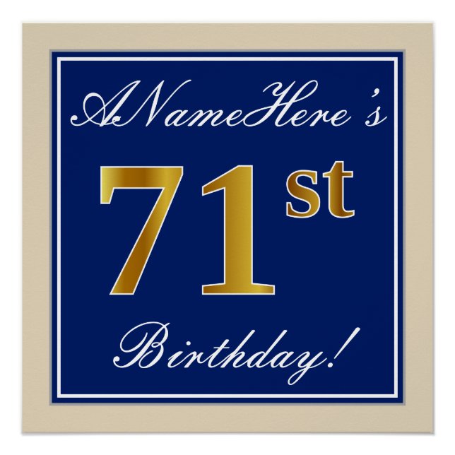 Poster Elégant, Bleu, Faux Or 71ème Anniversaire + Nom (Devant)