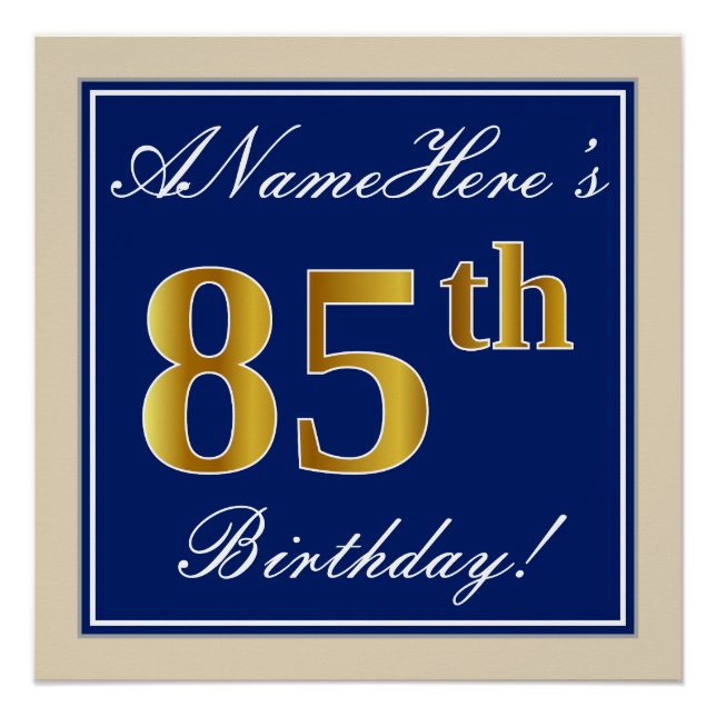 Poster Elégant, Bleu, Faux Or 85ème Anniversaire + Nom (Devant)