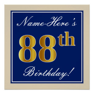 Poster Elégant, Bleu, Faux Or 88ème Anniversaire + Nom