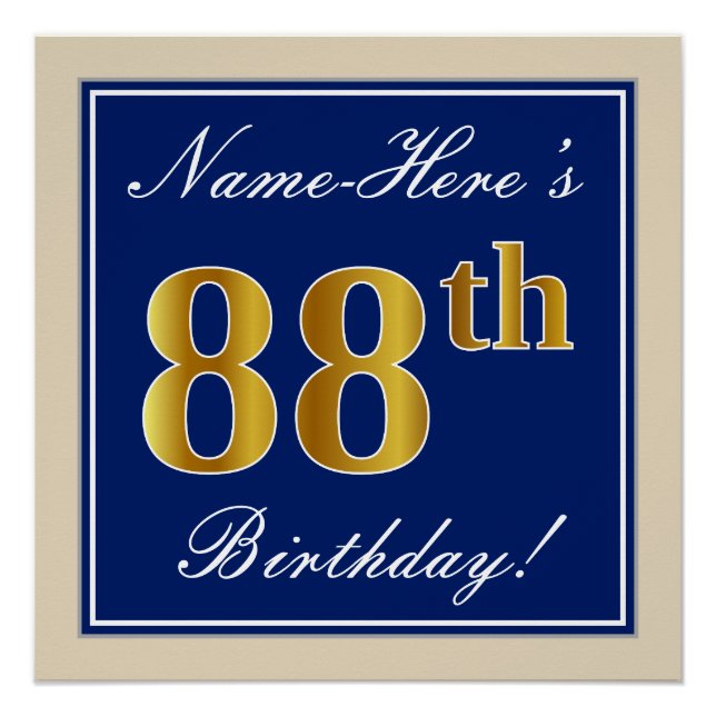 Poster Elégant, Bleu, Faux Or 88ème Anniversaire + Nom (Devant)